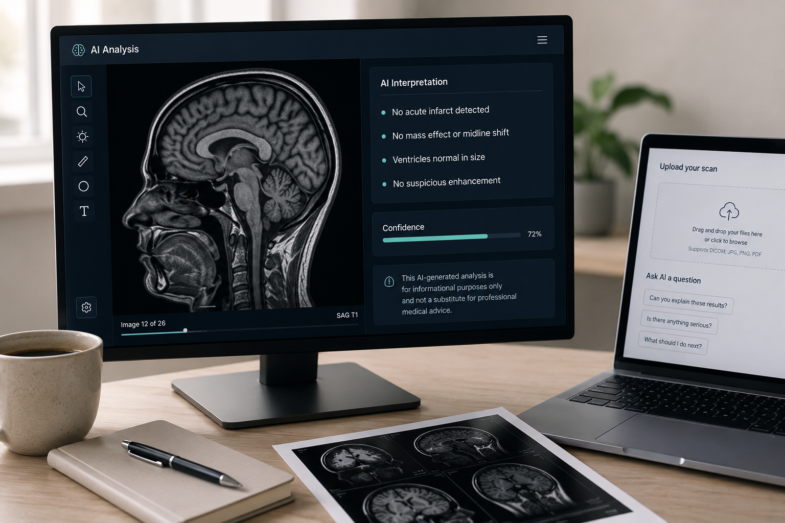 A glowing AI interface overlaid on an MRI brain scan, representing the question of whether artificial intelligence can reliably interpret medical imaging