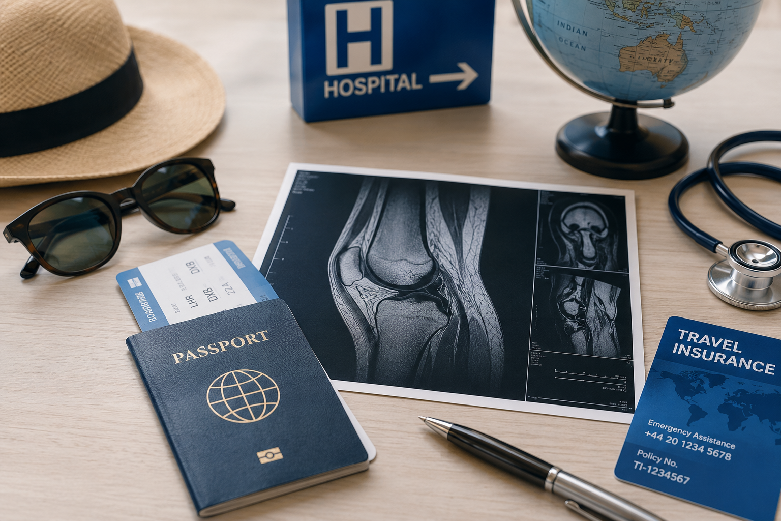 A traveller at a private hospital reception abroad holding medical paperwork