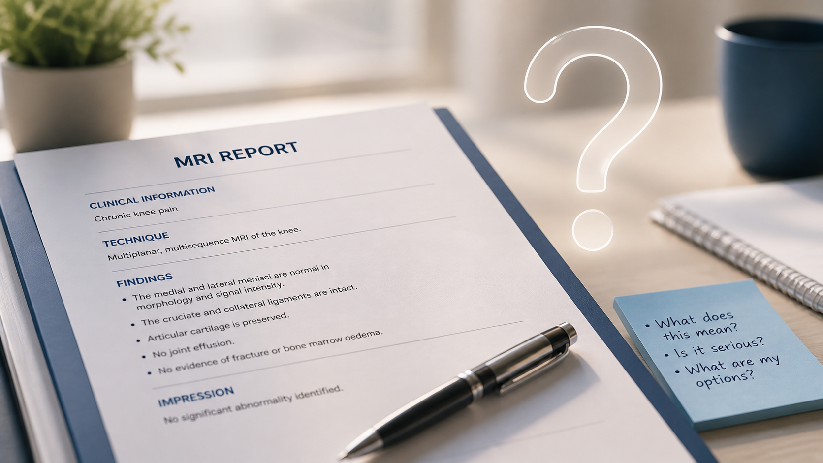 MRI report document with patient questions on a sticky note