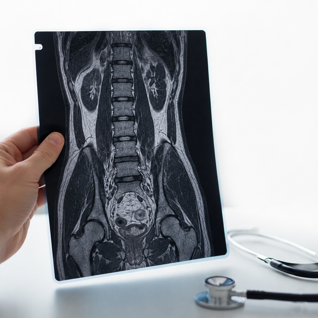 Radiologist holding an MRI lumbar spine scan with a stethoscope on the desk