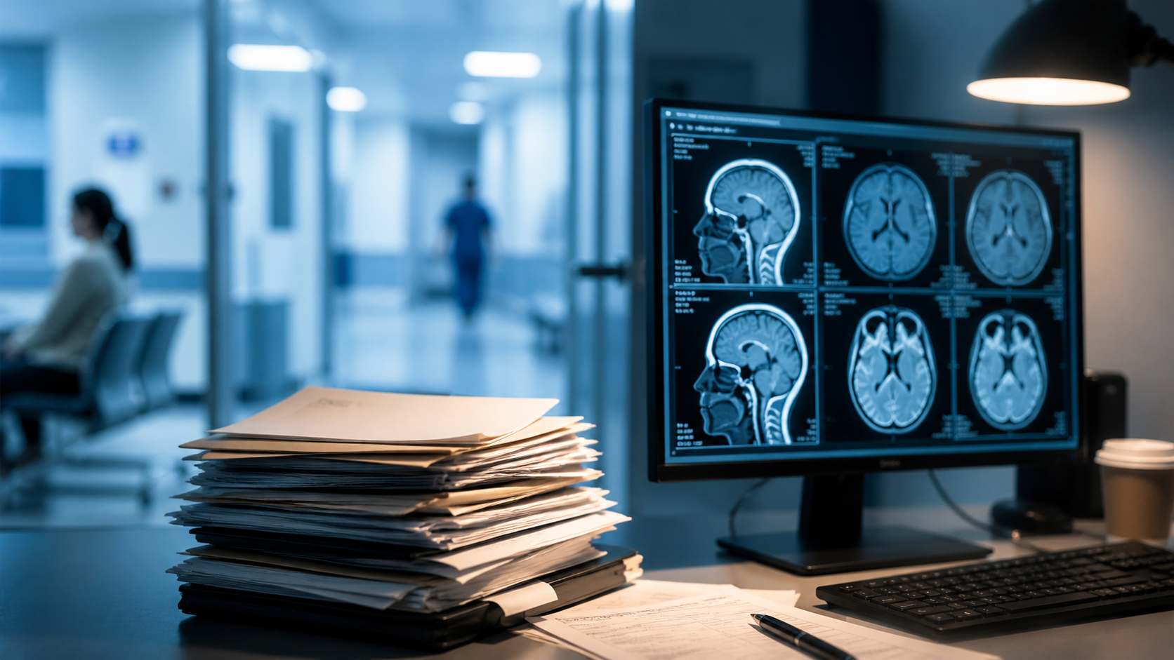 NHS radiology backlog - MRI scans on screen in a hospital