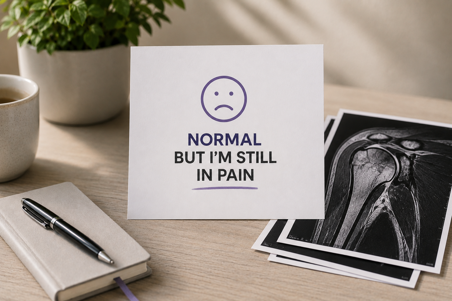 Card on a desk reading Normal But I'm Still in Pain next to MRI scan images