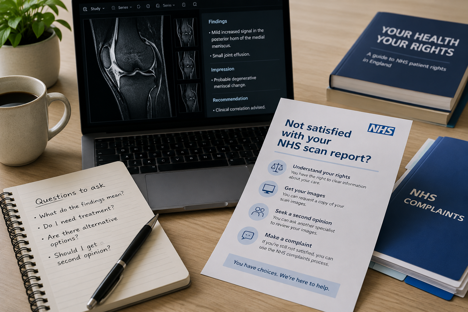 A patient sitting at a kitchen table at home reviewing a printed NHS radiology report with a thoughtful, concerned expression while considering their options
