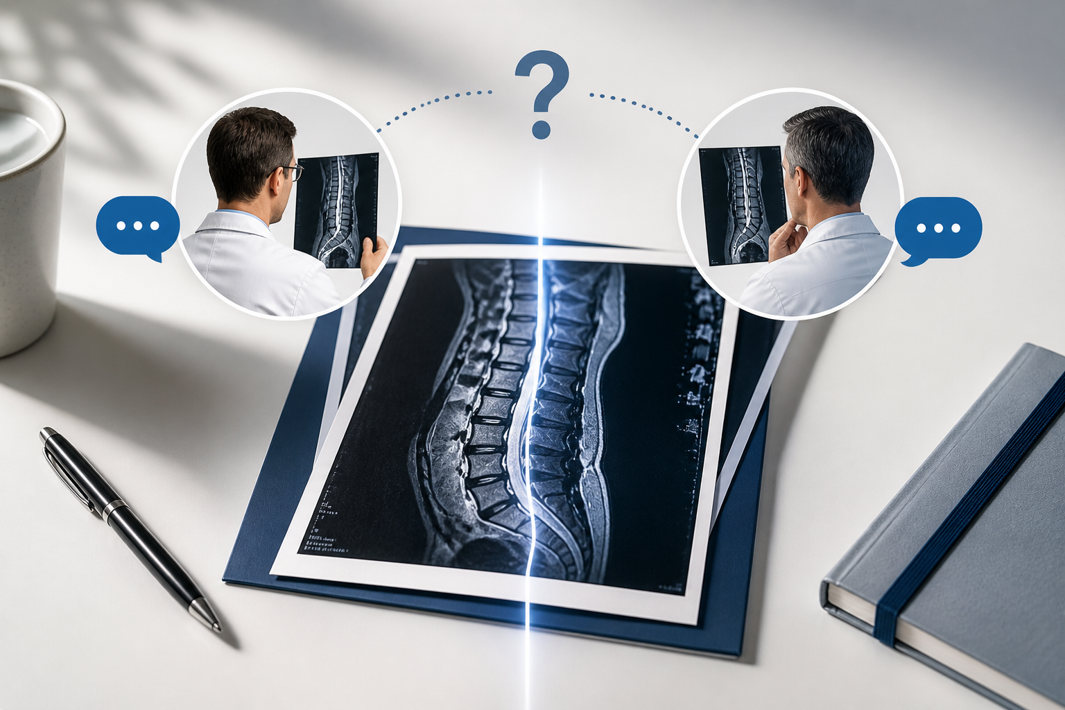 Two radiologists reviewing the same spine MRI scan with a question mark between them